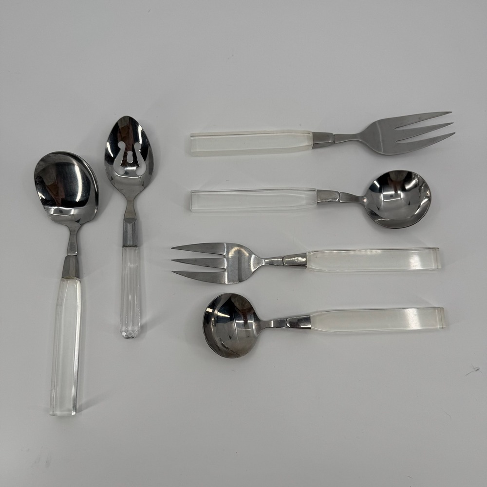 Vtg Lucite Acrylic Handled Serving Utensils Stainless Taiwan Salad Bar Set 6 Pc